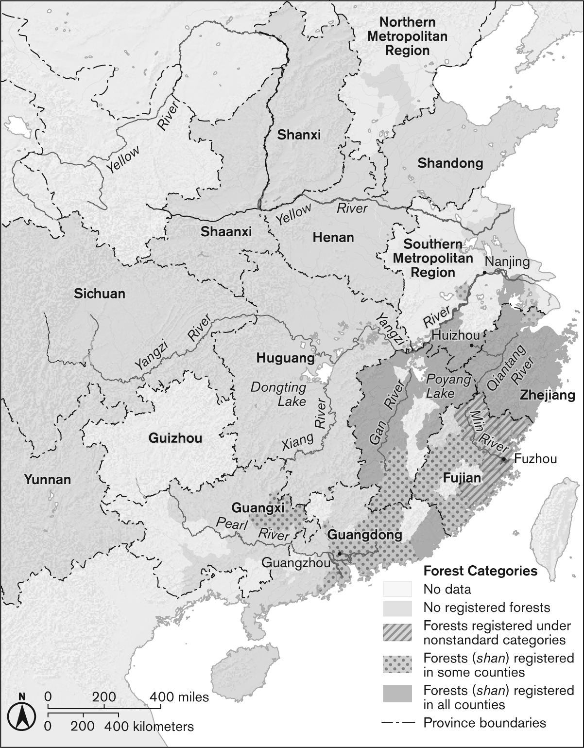 Map of the northern region of China showing the number of counties with registered forests in each province.