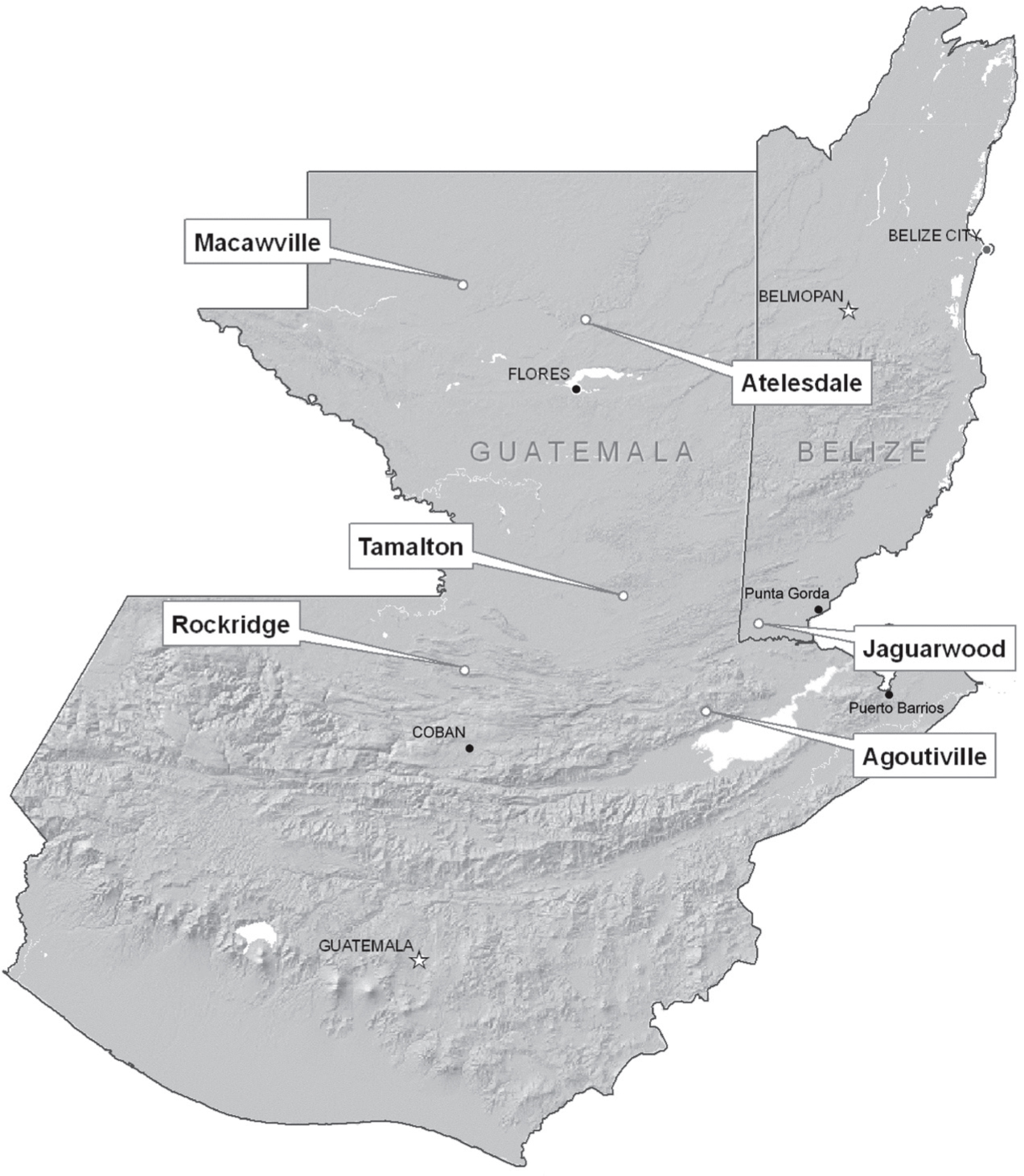 Map of Guatemala and Belize showing major cities and research sites.
