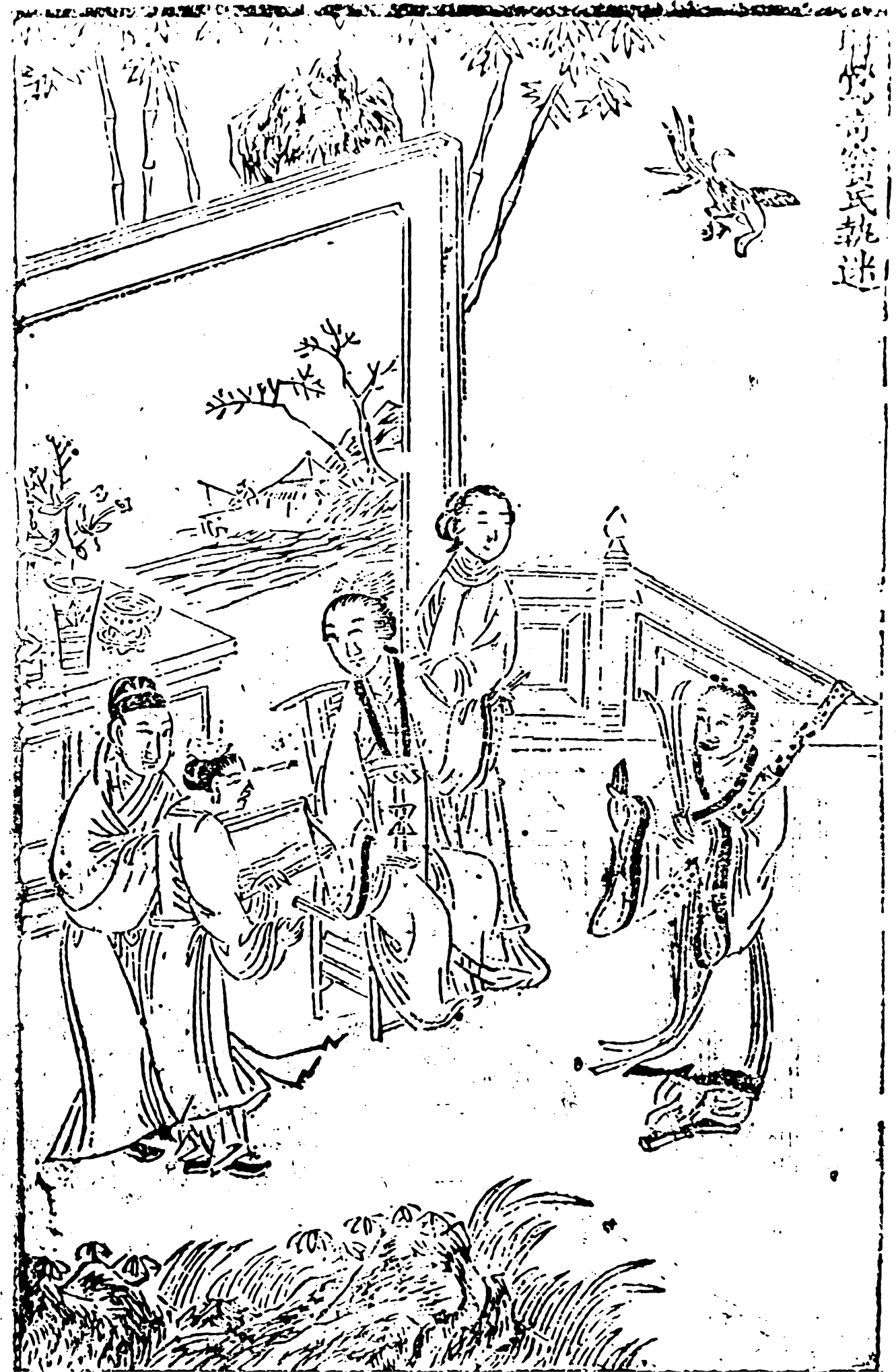 A drawing of five people in a garden and a bird that appears to be falling from the sky above.