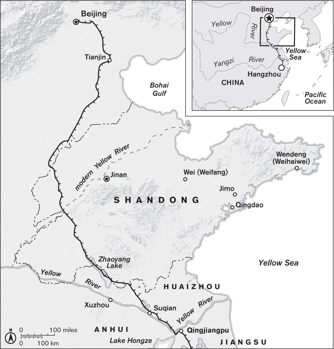 Map of the Shandong province, including the Grand Canal, modern and historical depictions of the Yellow River, and many cities. From north to south, Beijing, Tianjin, Jinan, Wei, Wendeng, Jimo, Qingdao, Xuzhou, Suqian, and Qinjingpu are all marked.
