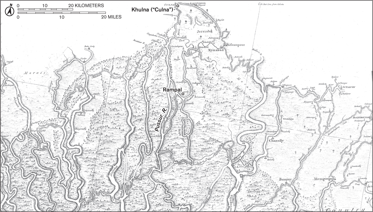 This historical black-and-white map shows several rivers curving through the delta.