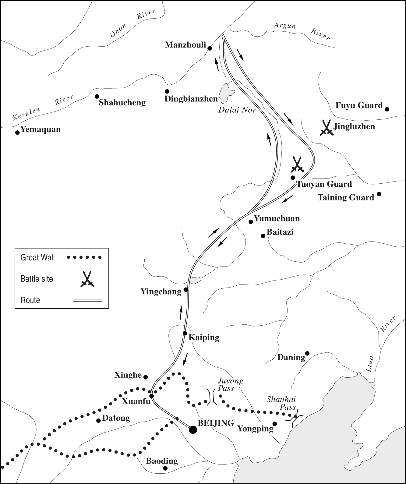 A line-drawn map showing a route north from Beijing to battle sites at Tuoyan Guard and Jingluzhen, reaching as far north as Manzhouli before returning to Beijing.