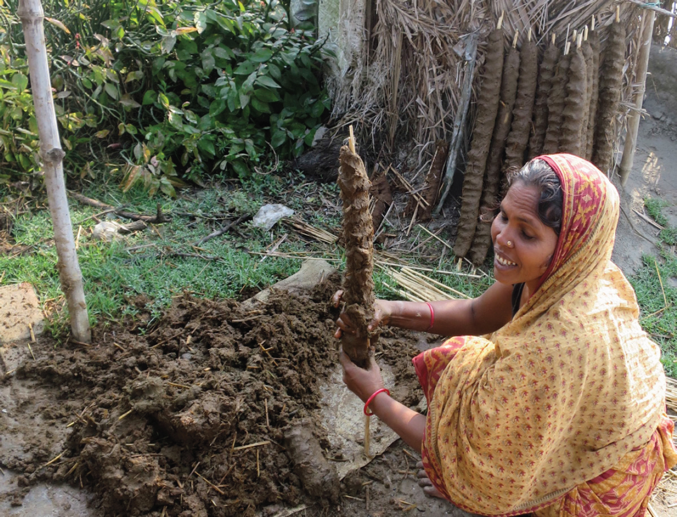 A photograph of a woman in a yellow sari sitting on the ground in front of a large pile of muddy dung. She holds a nearly finished dung stick, about an arm’s length long, while several finished sticks are stacked up behind her.