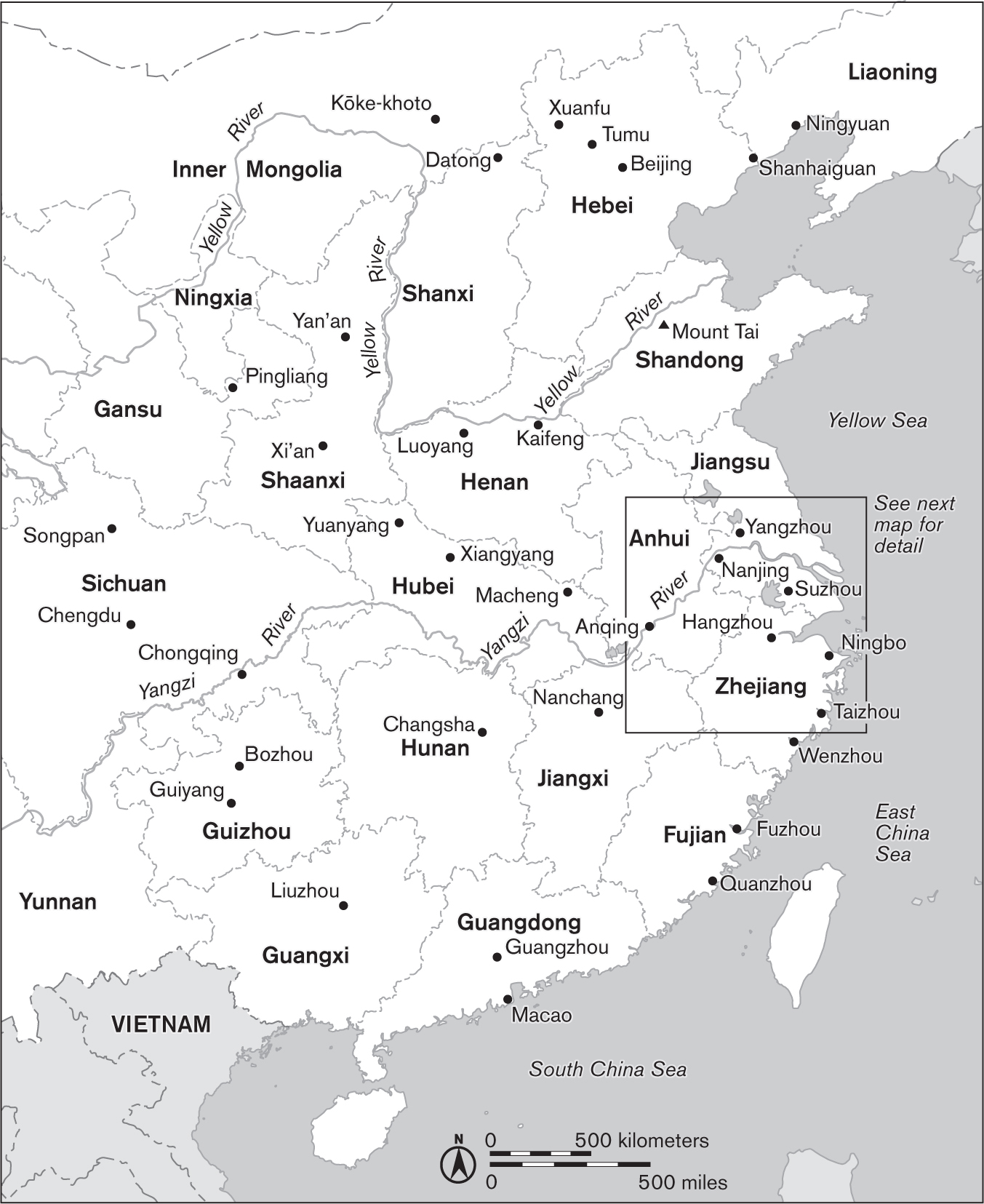 This line-drawn map shows modern China’s provinces and major cities; the Yellow and Yangzi Rivers; and the Yellow, East China, and South China Seas. A square encloses the Lower Yangzi Region in the eastern part of the country along the central coast.