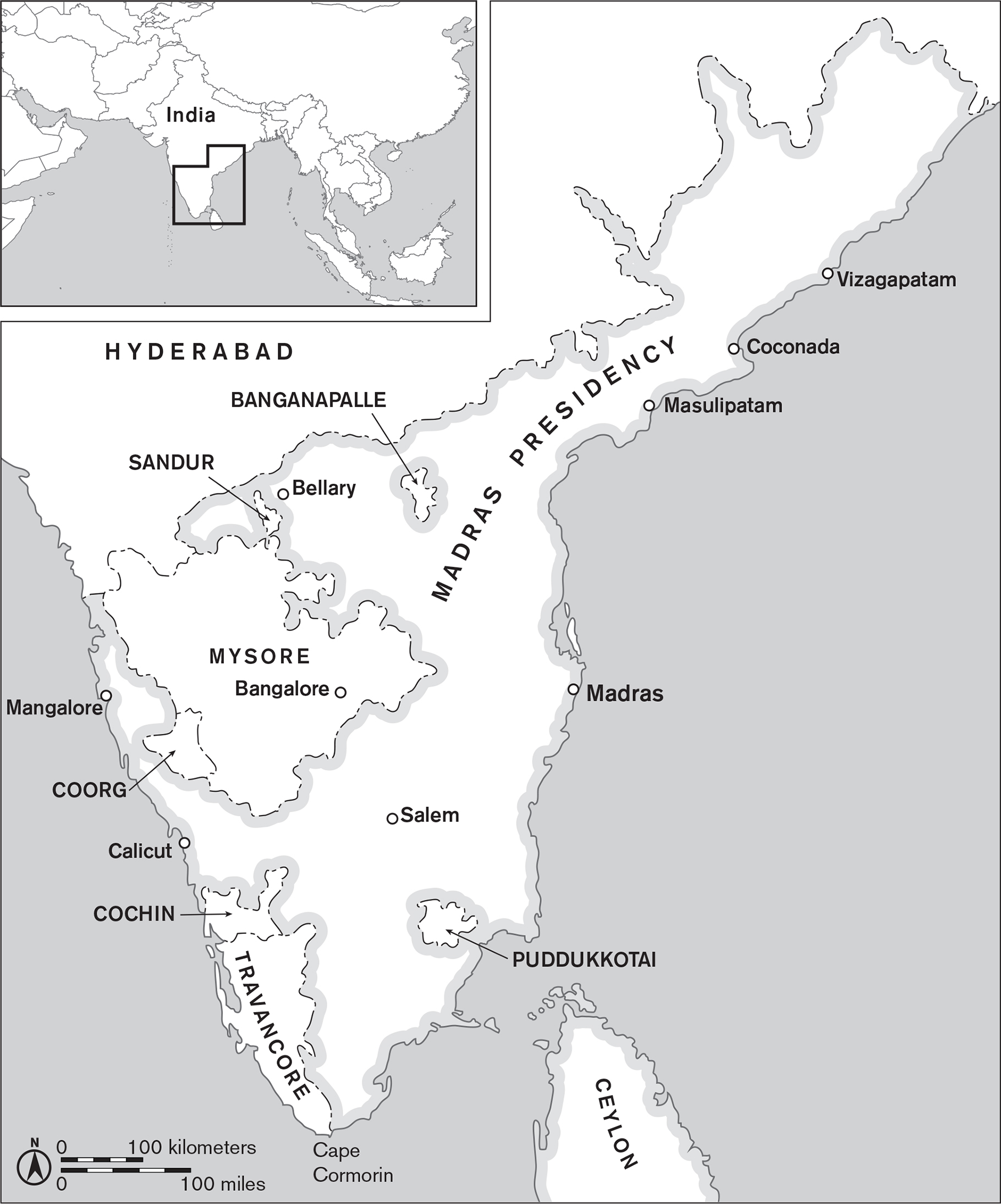 The main map shows the borders of the Madras Presidency in the Southern part of the Indian subcontinent. It spans roughly 1000 miles along the eastern coast, bordered by Hyderabad to the northwest and nearly encircling Mysore as it extends to the western coast. The inset map shows where this section of the subcontinent sits on the Indian Ocean halfway between East Africa and Southeast Asia.