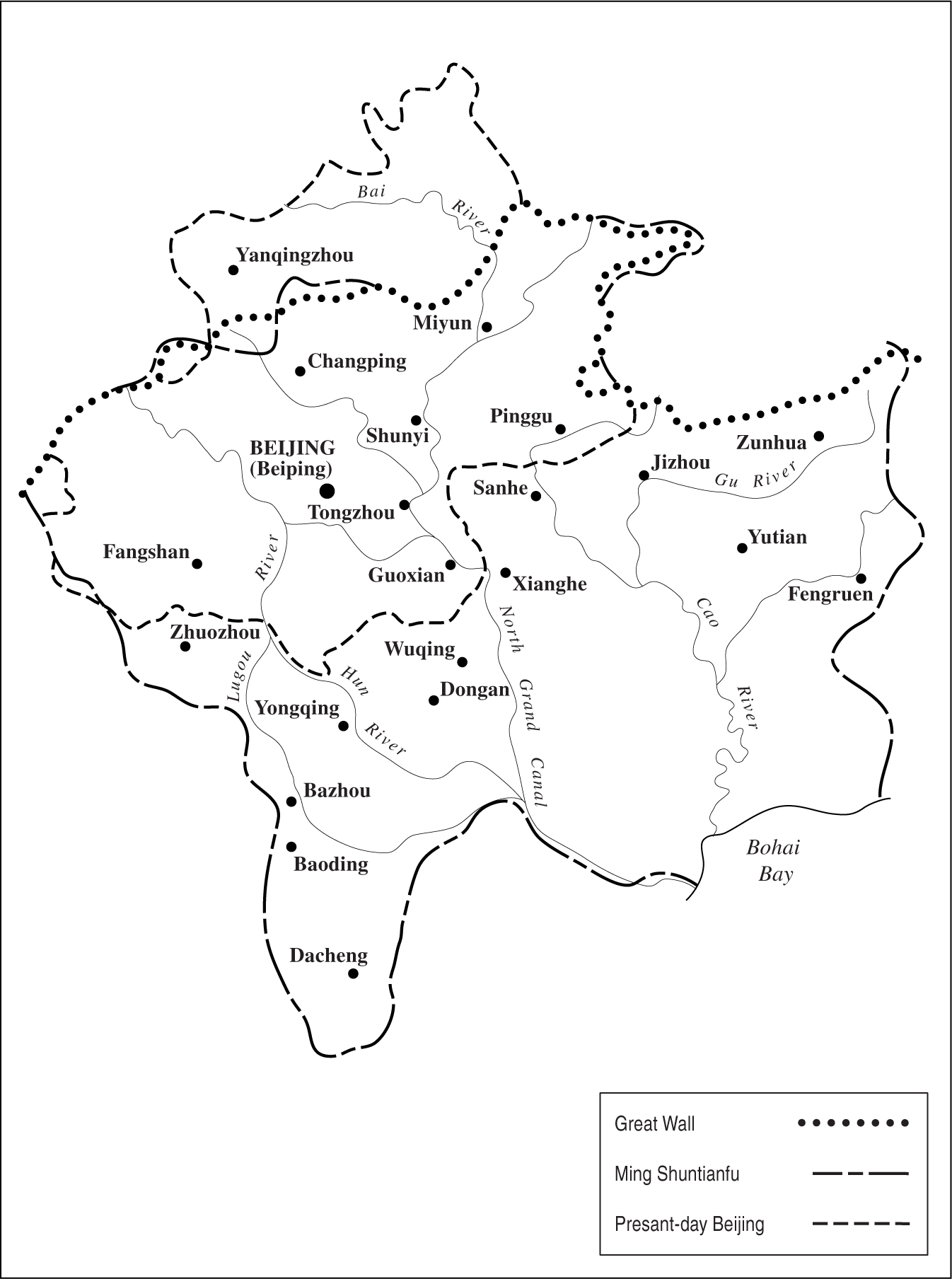 A line-drawn map showing the area around Beijing during Yongle’s reign, including the Great Wall, the North Grand Canal, several rivers, and the Ming Shuntianfu.
