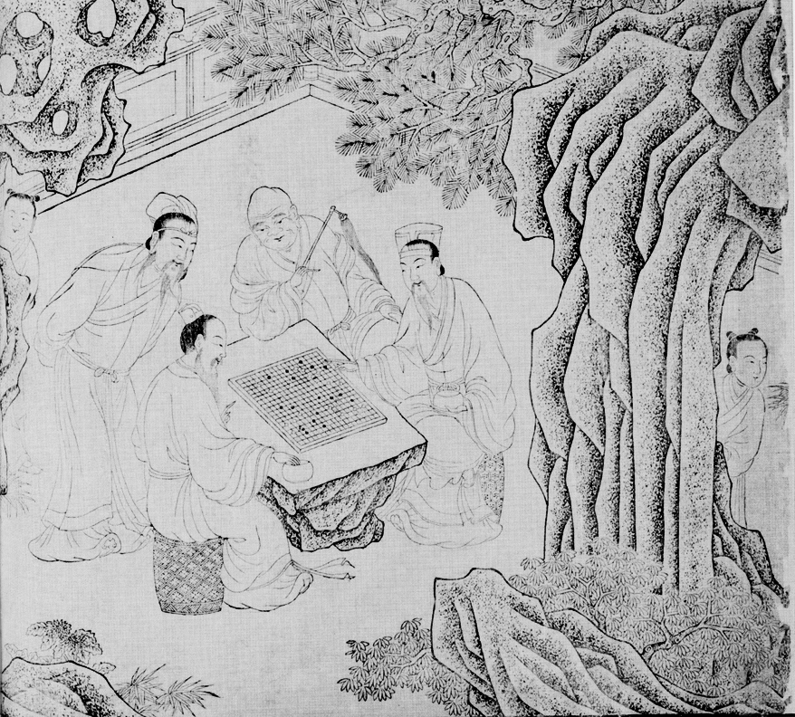 Four men surround a game board atop a table in a garden setting
