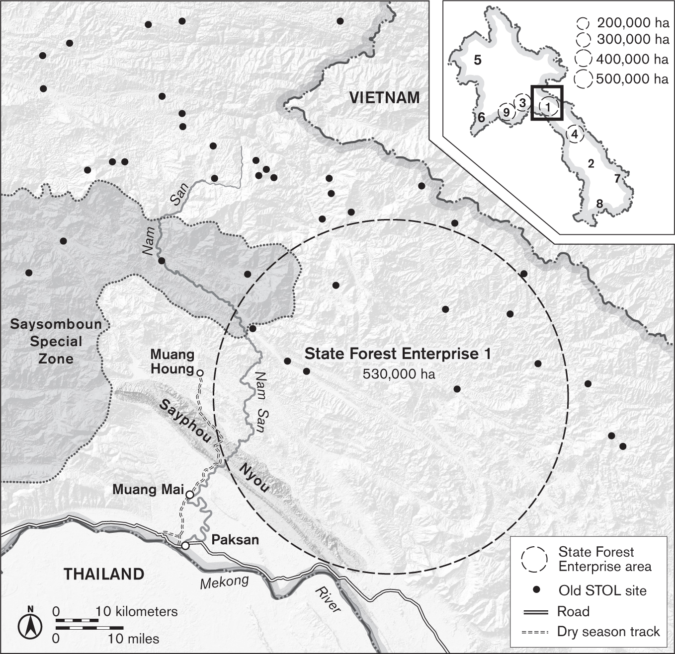The locator map at the upper right shows the approximate locations of Laos’s 9 state forest enterprises, with the main map zooming in on the area around SFE 1’s 530,000 hectare territory. The main map shows Paksan and Muang Mai near the river, and Muang Houng inland up a long dirt track past the Sayphou Nyou mountain range. Most of SFE 1’s territory sits east of Muang Houng, in the panhandle part of Laos between the Mekong and the Vietnamese border. The map also shows the locations of numerous STOL sites and the Saysomboun Special Zone (see chapter 2), which overlap with the area allocated to SFE 1.