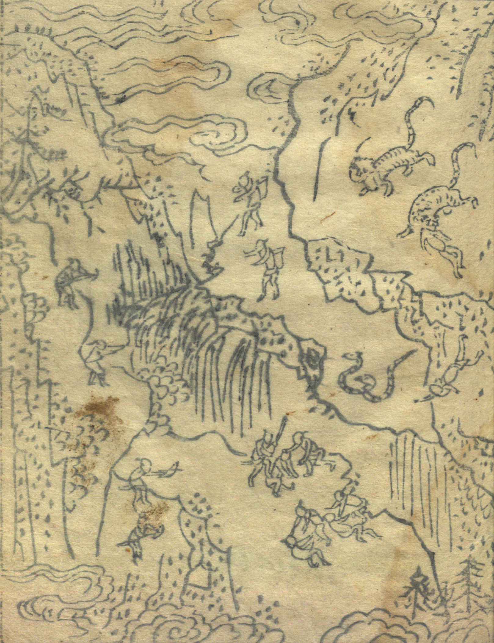 A print with black ink on yellowed paper showing travelers in the mountains surrounded by snakes and tigers.