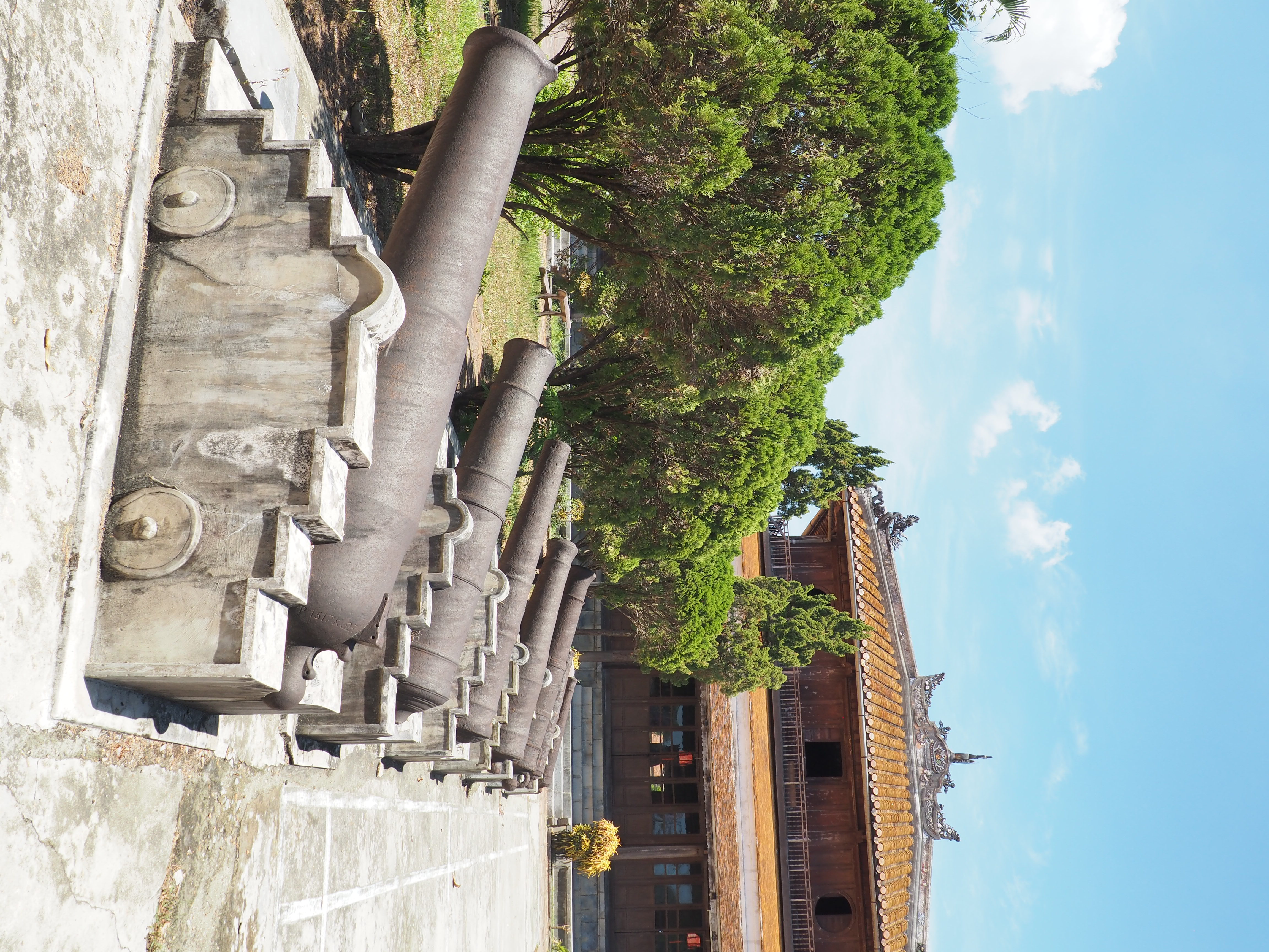 Five cannons lined up in a row in a courtyard in front of a building.