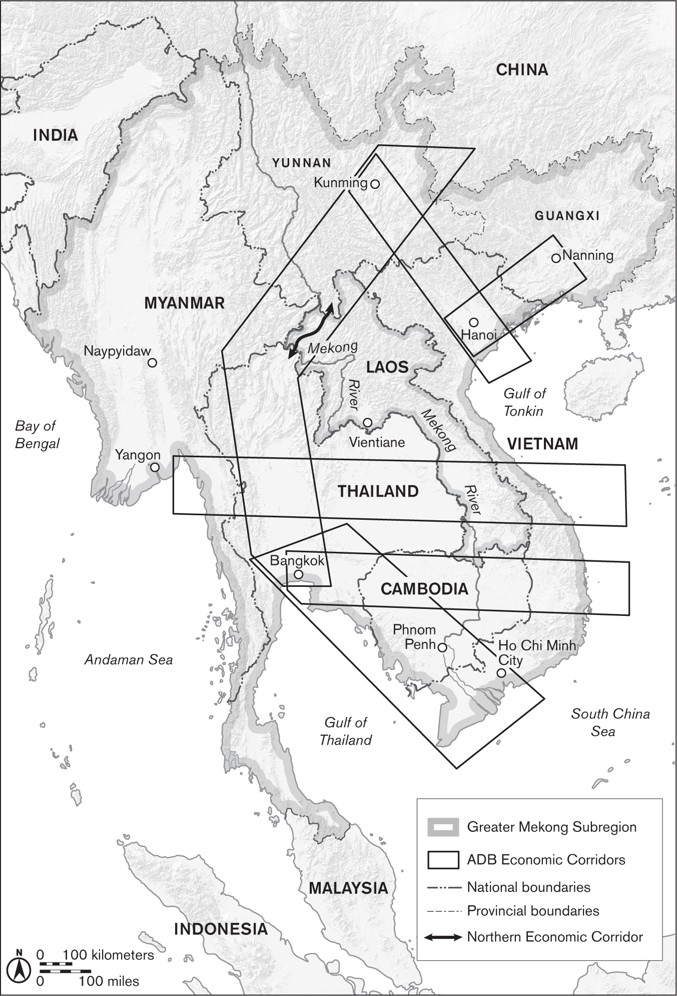 This map shows the administrative entities in the Greater Mekong Subregion, including, from west to east, Myanmar, Yunnan, Thailand, Laos, Cambodia, Vietnam, and Guangxi. This is overlaid with six regional “economic corridors.” The Northern Economic Corridor is the Laos portion of the north-south corridor that runs from Kunming to Bangkok.