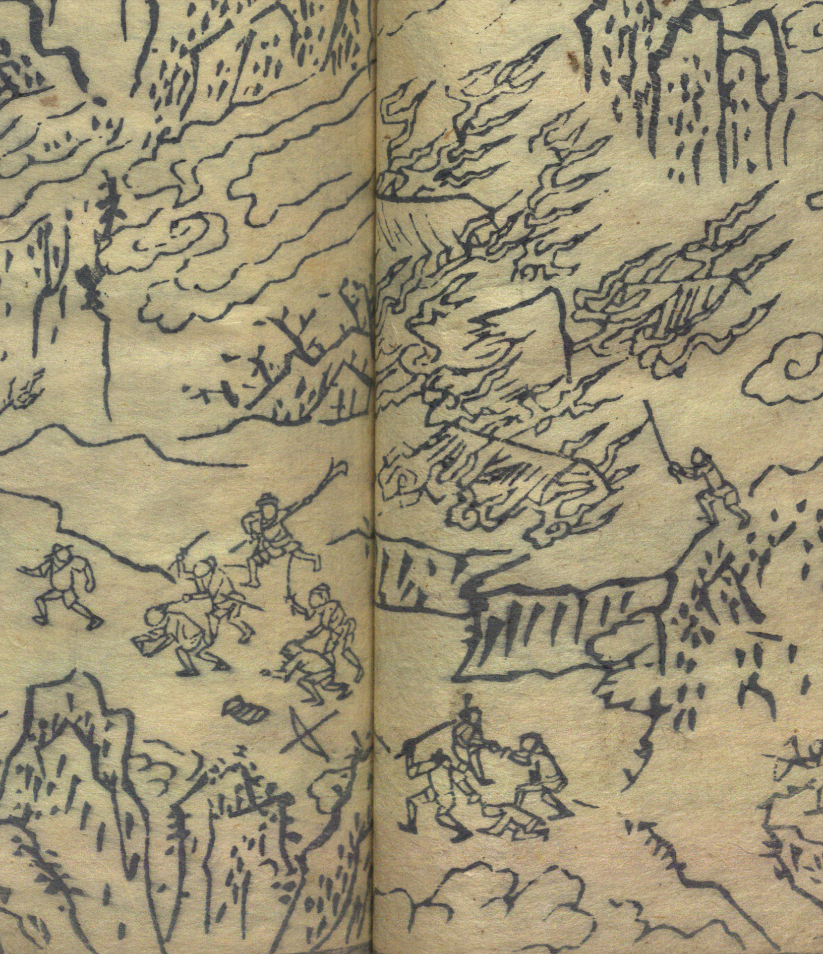 A print with black ink on yellowed paper showing people under attack in the mountains, surrounded by flames.