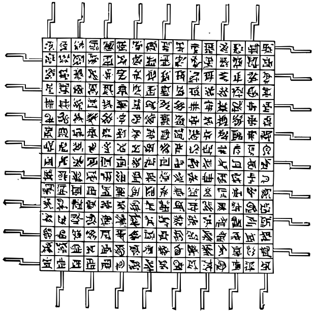 A large square wooden frame divided into 16 rows of 16 small squares with handles at the end of each row and at the end of each column of small squares. Each small square contains a different symbol.