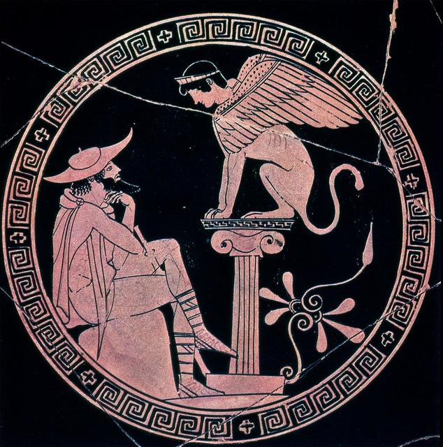 This image is a photograph of a 5th c. BC Attic red-figure kylix depicting Oedipus seated on the left contemplating the riddle of the sphinx, seated on a column on the right.