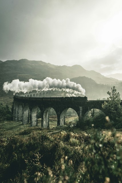 Black train on railway bridge under heavy clouds.