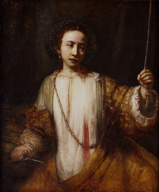 "Rembrandt painted this work late in his career, using a variety of techniques. In places he applied the colors thickly with a palette knife; elsewhere he painted more thinly with a brush, creating dramatic contrasts of light and dark. The shadows on Lucretia's face, for instance, accentuate her tragic expression. By expertly manipulating paint and glazes, Rembrandt created the illusion of light emanating from Lucretia's inner soul." Vividly, the painting also depicts the bleeding wound that Lucretia inflicted on herself while she gazes at the viewer sadly.