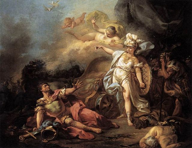 This painting depicts a battle between Ares (Mars) and Athena (Minerva) during the war for Troy. Aphrodite is also portrayed in this painting as an observer.