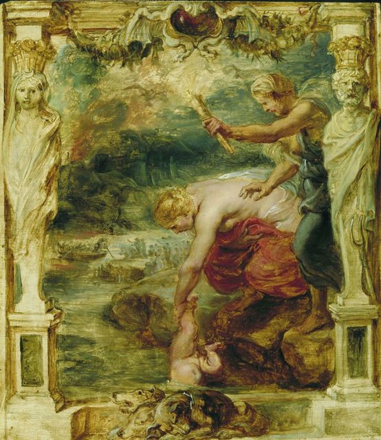 Oil painting showing the goddess of the sea, Thetis is destined to bear a son mightier than his father, Zeus. Thetis and mortal, Peleus produced their son Achilles who indeed is mightier than his father. As an infant, Achilles was dipped into the River Styx, to make his body invulnerable. Thetis held Achilles by his heel, which was not touched by the water of the river. Achilles grew up and survived many great battles. He was killed by an arrow guided by Apollo into his vulnerable spot during the Trojan War. 
