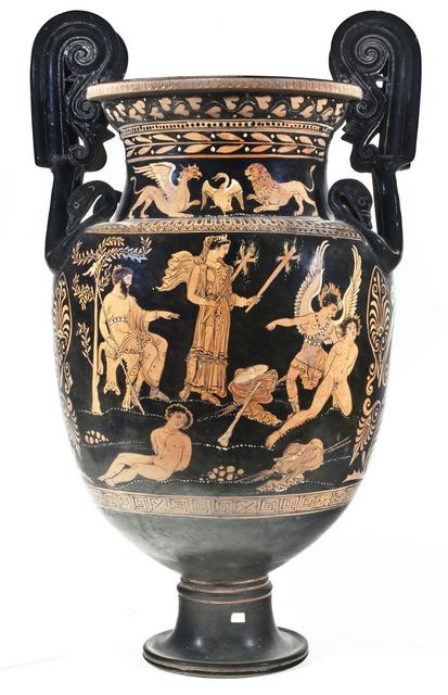 A large black and gold vase-like mixing vessel that depicts Hades and Persephone watching a fury bind Theseus and Perithoös. Hades sits while Persephone stands in front of him, watching a fury, a winged goddess of vengeance, bind Perithoös. Theseus is sat bound beneath Hades and Persephone.