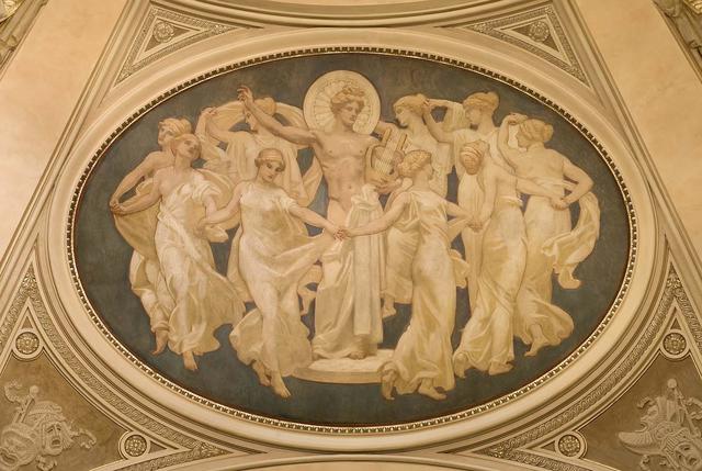 In "Apollo and the Muses," John Singer Sargent captures the divine congregation of Apollo and his nine ethereal counterparts with a finesse that is emblematic of the neoclassical period. The central figure of Apollo, identified by his aura and traditional lyre, exudes a serene command, his sculptural form serving as the anchor of the composition. Encircling him, the Muses are rendered with a fluidity of motion, their interconnected dance a visual manifestation of the artistic harmony they embody. The prestigious quality of their silk-like attire, achieved through Sargent's contrast of the dark background, imparts a sense of movement and ethereal grace. The restrained color scheme, a study in tonal subtlety, allows the viewer's eye to appreciate the interplay of light and form. The deep azure backdrop provides a stark canvas, foregrounding the figures and accentuating their celestial origin. The composition's elliptical structure, a deliberate choice, imparts dynamism while maintaining a sense of classical balance and proportion. Each element, from the strategic placement of figures to the delicate gradation of hues, is a testament to the artist’s mastery of the medium and the depth of his classical knowledge.