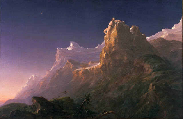 In "Prometheus Bound," the setting is fittingly barren, with towering mountains covered in snow and a bleak sky. Prometheus blends in with the rocks, creating an unexpected moment for the viewer and emphasizing his hopeless situation. A vulture can be seen in the lower portion of the painting, soaring towards Prometheus, with its appearance timed to coincide with the rising of Jupiter in the sky. 