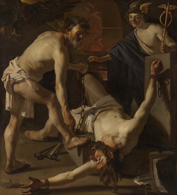 The painting represents a tale from Greco-Roman mythology. Mercury, the messenger of the gods, watches the club-footed blacksmith god, Vulcan, punish the bold and cunning Titan Prometheus for stealing fire from the gods and giving it to mortals. Prometheus's punishment is to be bound to a rock and to have his liver consumed daily by an eagle.