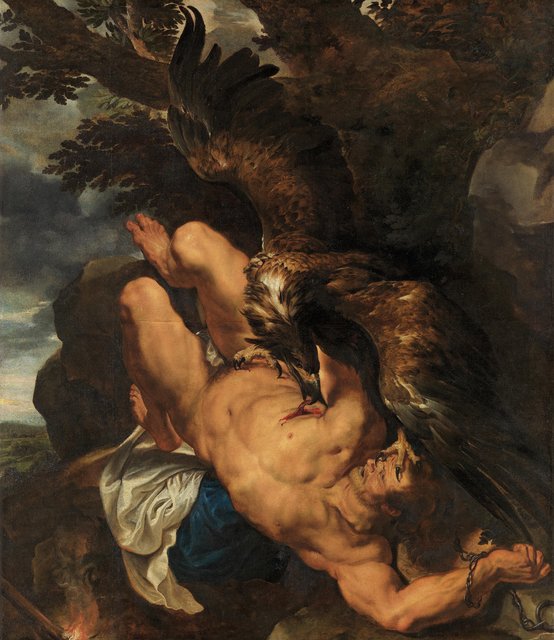 An oil painting that portrays Prometheus gets bound by chains and ripped by an eagle