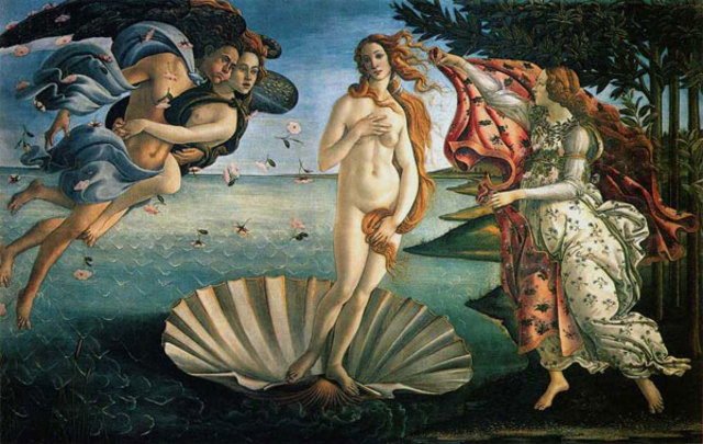 On the horizontal rectangular canvas, we see Aphrodite (Venus) who is painted in the center with light nude colors and bright red flowing hair rising out of the calm blue-green ocean standing on a white half clam shell. She is looking straight ahead. On the left of her, we see a white man with brown hair, wings and a blue robe carrying a red-headed woman with a brown robe above the ocean blowing wind on Aphrodite. The woman, who is known as one of the Graces, is throwing white flowers onto Aphrodite. Both individuals are looking towards the center of the painting. On the right of Aphrodite, we see the lightly painted Hora of Spring in a white dress with blue flowers opening a pink robe to place on Aphrodite, welcoming her to Cyprus. Behind her, to the right, we see orange trees which are symbolic to the Medici family as they are the ones who commissioned the piece. Behind her and to the left, we see the coastline of Italy and the blue skies as we look into the horizon. The forefront of the painting is warm toned colors while the background is blue and green in which this creates a contrast that makes the painting notable.