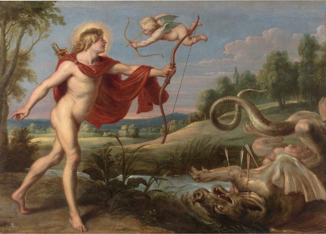 Apollo is shown holding his bow, striding past the Python's dead body in the lake below him, which lays in the water with several of Apollo's arrows sticking out of its hide. Apollo is looking up into the sky as he walks, making eye contact with a flying baby Cupid, who's soaring towards him with his bow poised, ready to shoot Apollo.