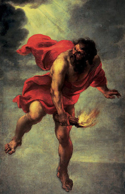 The painting depicts Prometheus as he departs from Mount Olympus, carrying the fire with him.  The fire is towards the ground, while Prometheus looks at the sky vigilantly and hostilely