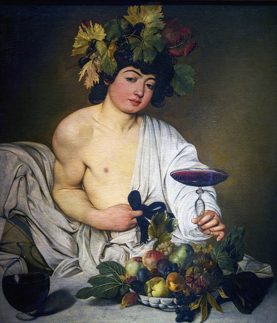 The painting is of a young man with a round face and long curly hair lying on a stack of cushions. He is covered by loose sheets. His head is encircled by a wreath of leaves and grapes. In front of him lies a bowl of fruit, and he holds a glass of wine which he offers to the viewer.