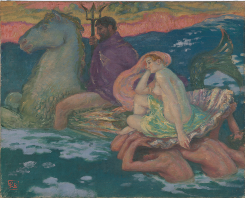 This oil painting by artist Rupert Bunny illustrates Poseidon and his wife, Amphitrite, as they travel through the seas. Poseidon travels on his mythical seahorse, carrying his well-known trident, while Amphitrite rides on her signature clam shell, carried by mermen. The painting is composed of mostly a green, blue, and orange color scheme which reflects colors seen in the ocean.  