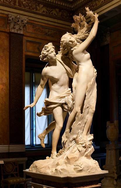 Apollo runs after Daphne, reaching out to take her in his arms.   Daphne cried out in horror, and her flowing hair and outstretched fingers turned into leaves, and her legs grew into trunks planted in the earth.