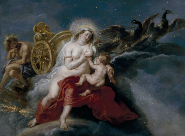 In this painting we see Hercules placed in Hera's arms so that he can suckle while she slept next to her chariot pulled by peacocks. When, in his enthusiasm, Hercules bites Hera, and she awakens and brusquely pulls him away from her. The milk spilling out of her breast turned into the Milky Way. 