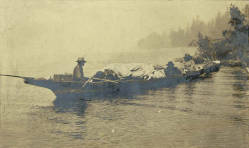 Chodups John, also called Lake Union John, was one of the few Duwamish people who didn't move from Seattle to the Port Madison Reservation.  He and his family lived north of Seattle on Portage Bay, part of Lake Union.  In this photo, Chodups John and several other people sit in a canoe on Lake Union.  A mast sticks out beyond the vessel's notched prow.  This Coast Salish canoe design was later replaced by the Nuu-chah-nulth (Nootkan) style from the Olympic Peninsula and Vancouver Island.
