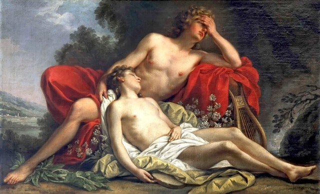 Hyacinthus is laying on the ground with his head rested on Apollo's left thigh. Apollo is distressed using his left hand to cover his face. Flowers surround Hyacinthus and a lyre lays next to both men.