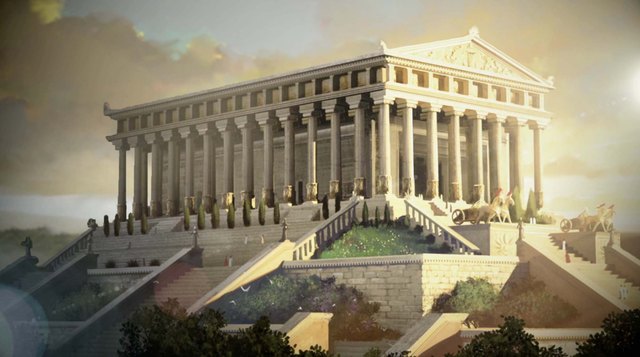Image is of The Temple of Artemis at Ephesus. A large white temple, resembling the Parthenon in structure but four times as large. It is surrounded by cypress trees and is glowing from the sunlight that's falling upon it.