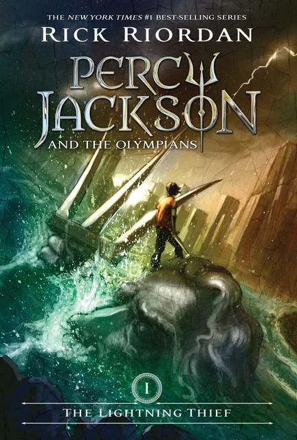 The cover for the book titled "The Lightning Thief" depicts Percy Jackson standing on top of a statue of Poseidon with the New York City skyline in the background. This visibly shows his relation to his father, the god of the sea Poseidon, while striking a chord by bringing Greek mythology into modern city surroundings.