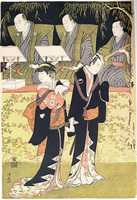 This woodblock print by Torii Kiyonaga features a Michiyuki walk being performed in a theater by actors in a kabuki play. This print is part of a subgenre of prints called degatari-zu pictures of narrators appearance. The michiyuki walk in theaters were often the highlight reel of the couple's lives. Theatrical tales of regret, sorrow and self realization and awareness weaved together to create ordinary people into heroines and heroes for dying in what they believed in. Oftentimes these plays would be so emotionally charged viewers and actors alike would become inspired to commit shinju. This Led to shinju related works being heavily securitized and regulated by the shogunate. In addition, allegorical references to depression and death are left in the background such as the bush clover by the stage while the main focus would be on the actors and their performances which were often highly romanticized retellings of shinju stories. 