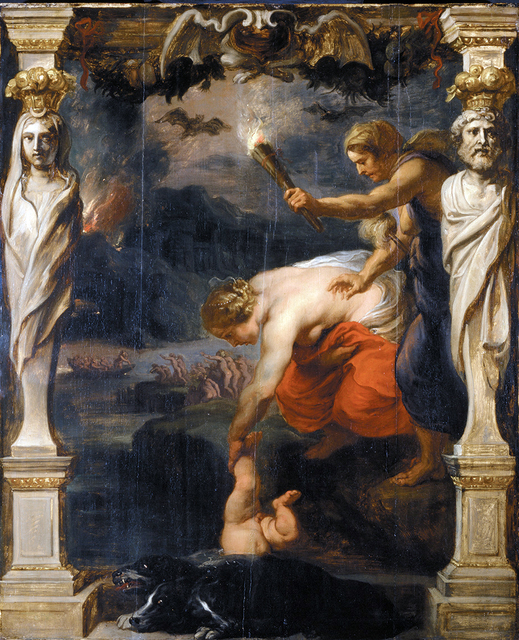 Oil painting by 17th century painter Peter Paul Rubens, which depicts a baby Achilles being dipped into the River Styx by his mother.