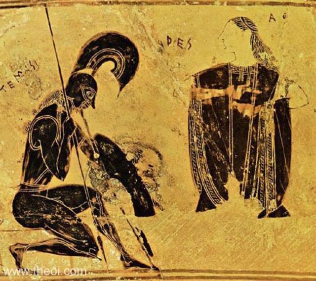 Vase painting of Ares & Athena in black figure paint with a golden pottery color. Ares is kneeled whilst Athena appears to be straight standing.