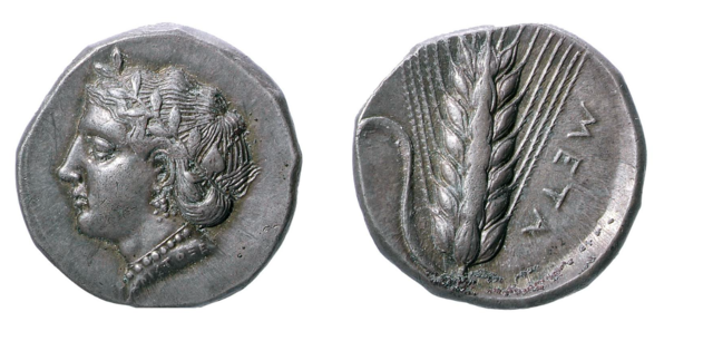 The following are two sides of the same Greek coin created around 400BC-340BC in Greece. On the front side is the Head of Demeter herself and on the reverse side is Barley-ear with a leaf. This is a fitting symbol as Demeter is the goddess of Agriculture and Barley-ear is a good representation of agriculture.