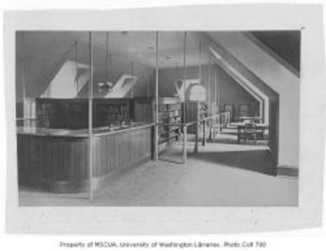 Photo of Administration Building (now Denny Hall) interior showing library, University of Washington, 1896