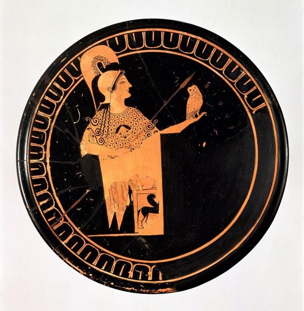 Teracotta red ceramic plate with image of Athena seated with an owl