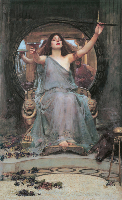 On this painting, Circe is shown with one hand holding the cup and the other hand with a wand, probably getting ready to cast a spell. She is surrounded by purple flowers with pigs (probably Odysseus' men that she turned) near her feet. We can see the reactions of Odysseus through the mirror behind her.