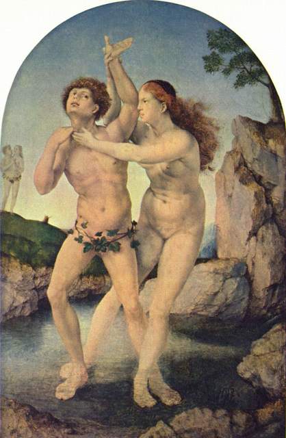  Hermaphroditus, situated within a pool of water, attracts the attention of a water-nymph, Salmacis, who falls in love with him upon sight. As depicted in the image, Hermaphroditus is portrayed with ginger hair, along with his female counterpart, Salmacis. The artwork captures an old style of painting that conveys the simplicity of the environment, displaying rocks coated with different amplitudes of gray and shades of green, resembling a tree. Moreover, the piece of artwork shows the water-nymph Salmacis passionately holding on to Hermaphrodite with the one wish to be unified with him until the end of time. Finally, spotlighting the consequence of one wish, on the left side of the painting, it exhibits the fused Hermaphrodite and Salmacis, creating an entity possessing both male and female qualities. The two heads situated on one torso symbolize the complete fusion of both bodies.
