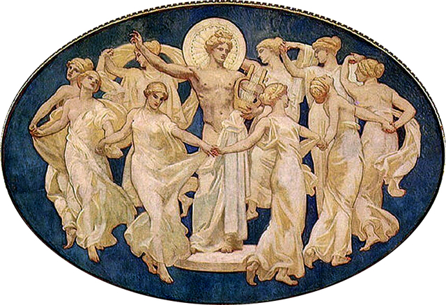 The painting is of Apollo in the center of a circle holding an instrument. The nine muses are around him and they appear to be dancing around him while holding hands.