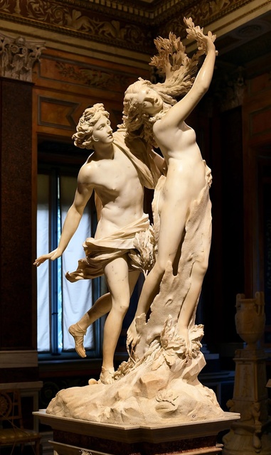 The statue depicts Apollo and Daphne in a near-close embrace. Half of Daphne is slowly getting turned into a laurel tree just as Apollo is trying to touch her. The sculpture is made of white marble. This sculpture looks like Apollo and Daphne are in an intimate embrace, but Daphne is escaping from Apollo's advances.