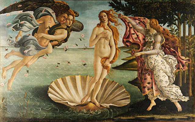 Sandro Botticelli's painting depicts the goddess Venus arriving at the shore after her birth, when she had emerged from the sea fully-grown. The painting is in the Uffizi Gallery in Florence, Italy 