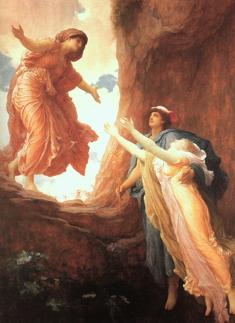 This oil painting on canvas features Demeter on the left hand side at what appears to be the edge of the world with her arms wide open as she looks down. Slightly below Demeter and on the right hand side of the painting, Hermes is depicted as carrying a seemingly glowing Persephone out of the underworld and back to her mother. Persephone's head tilts back as she reaches for the comfort of her mother's arms.